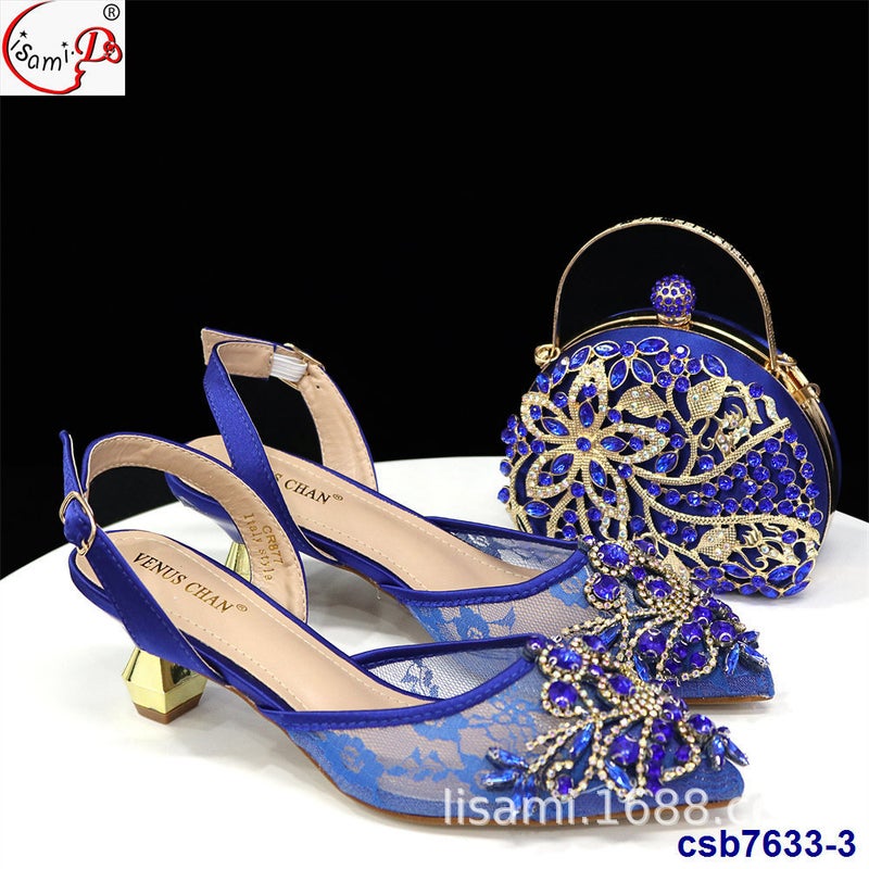 High-Heeled Large Flash Diamond Carved Elastic Sandals With Party Handbag Suit Shoes And Bag Set - Image 4